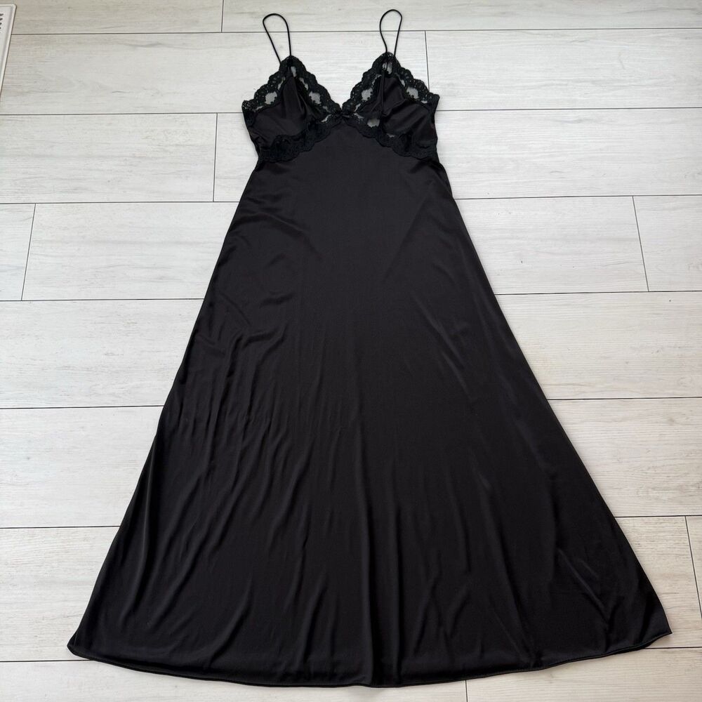 Vintage Val Mode Black Silky Satin Lace Maxi Slip Dress Women’s Large Nylon